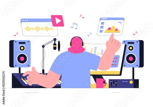 Music Production Illustration featuring People Listening to and Music Recording an Audio Podcast or Online Show with Professional Studio Equipment