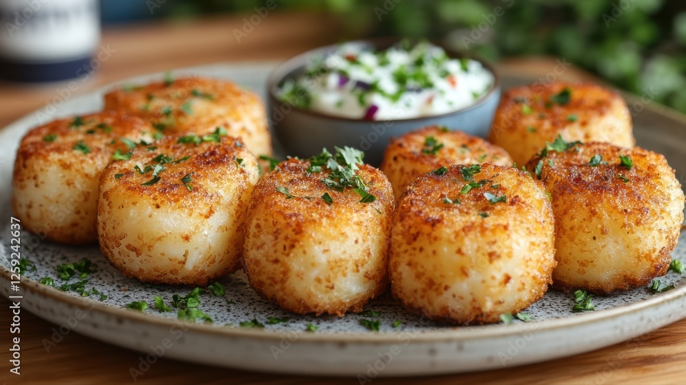 Fototapeta premium A plate features neatly arranged golden-brown potato croquettes garnished with parsley. A bowl of creamy sauce accompanies the dish, enhancing flavors