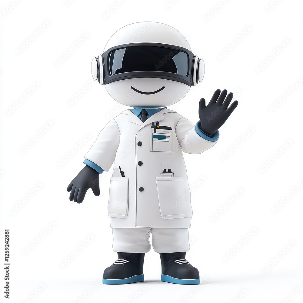 Naklejka premium Friendly Robot Scientist: AI in Science, 3D Render of a Futuristic Character in a Lab Coat, Welcoming Gesture