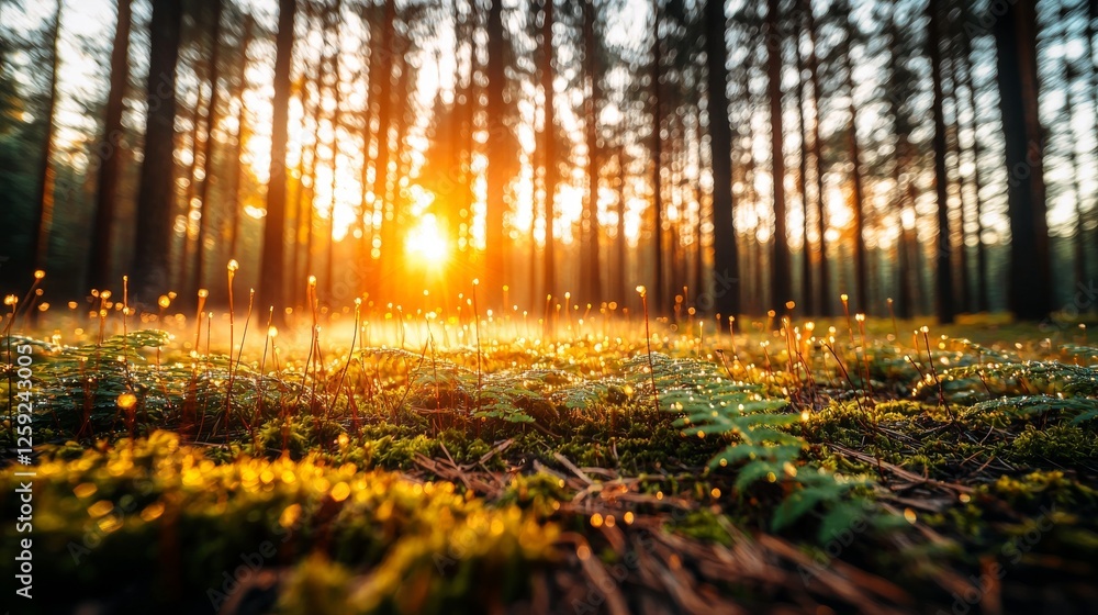 Obraz premium Glowing Sunlight Through Tall Trees Enchanted Forest Nature Photography Tranquil Environment Low Angle Serenity and Magic