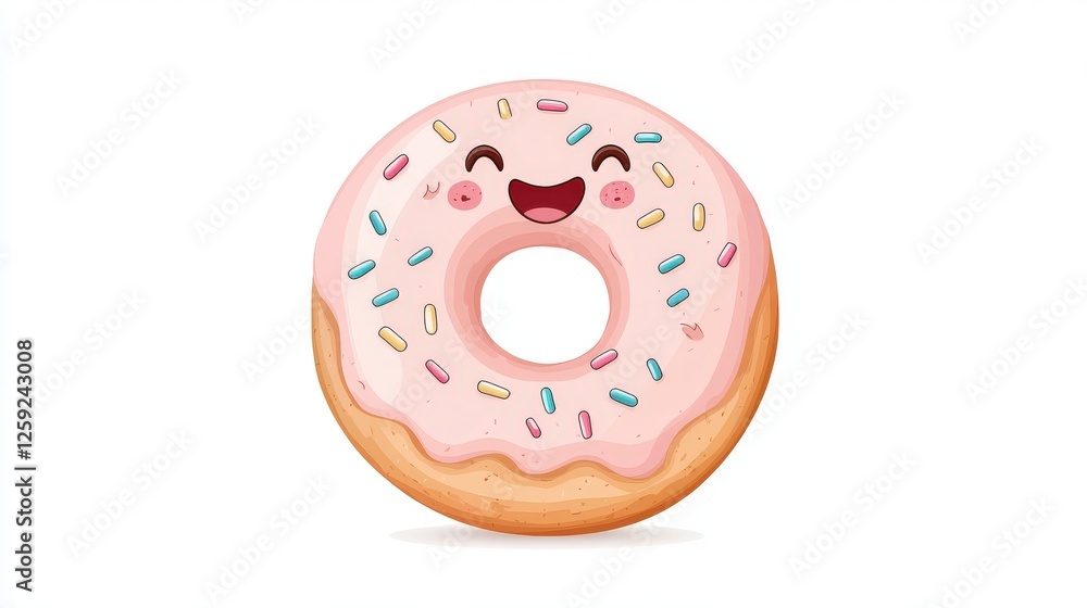 Cute cartoon donut with pink icing and colorful sprinkles smiling happily isolated on a white background Cute cartoon donut with pink icing and colorful sprinkles smiling happily isolated on a white background