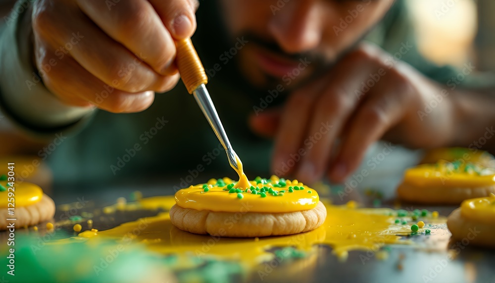 Fototapeta premium Decorating Sugar Cookie with Icing and Sprinkles Detail Shot