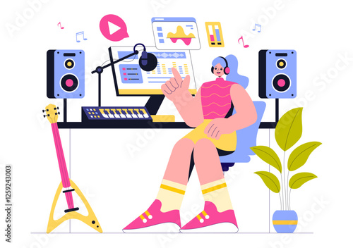 Music Production Illustration featuring People Listening to and Music Recording an Audio Podcast or Online Show with Professional Studio Equipment
