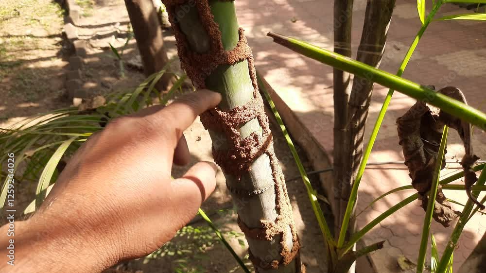 Termite nest in the trunk of Areca palm. These termites will slowly eat ...
