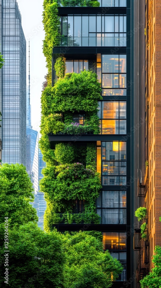 Fototapeta premium Modern skyscrapers with greenery in urban landscape showcasing architectural innovation
