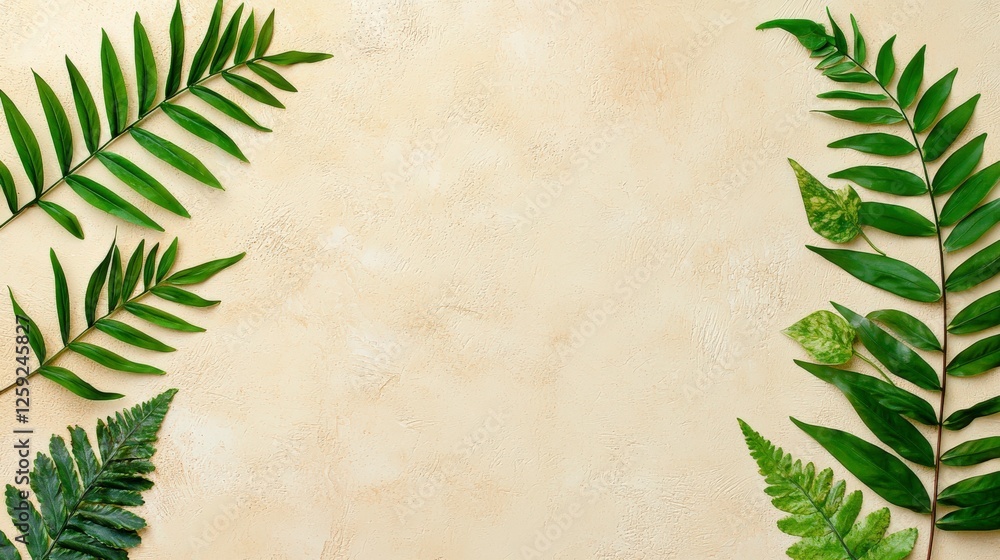 Fresh Green Leaves and Ferns on Natural Beige Background for Nature Themes and Organic Design Needs Fresh Green Leaves and Ferns on Natural Beige Background for Nature Themes and Organic Design Needs