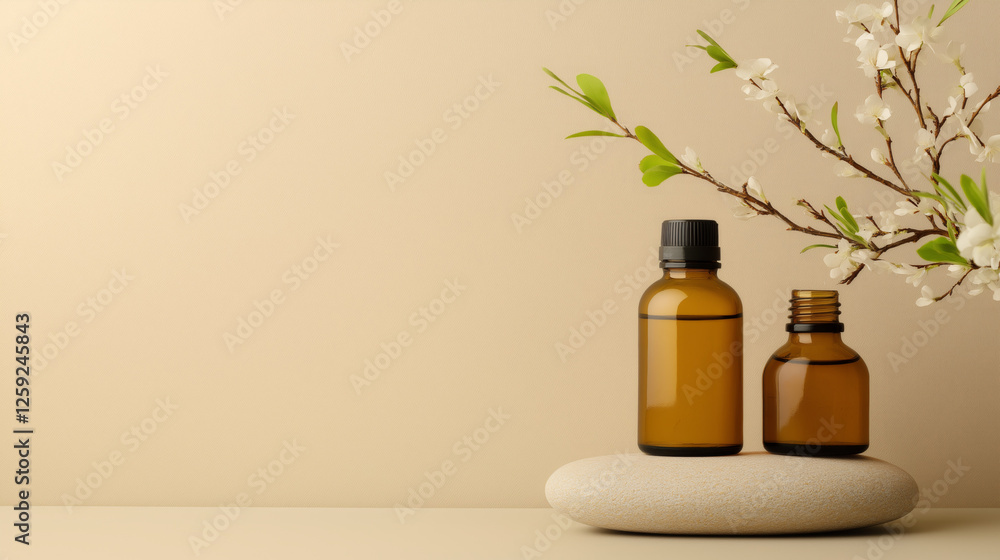 Minimalist spa-inspired compositions featuring essential oil bottles, smooth stones, and natural foliage in a serene, neutral-toned setting. Minimalist spa-inspired compositions featuring essential oil bottles, smooth stones, and natural foliage in a serene, neutral-toned setting.