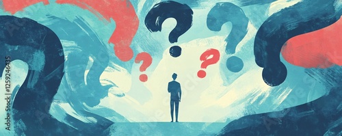 Businessman standing under question marks feeling small and insecure