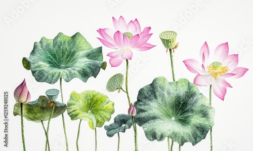 Pink lotus flowers and leaves on white background; serene nature painting, ideal for greeting cards