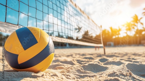 Beach volleyball gear on a sandy beach. Featuring a volleyball net, ball, and court markers. Highlighting the activity of beach volleyball. Ideal for sports blogs and beach games guides.