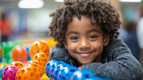 joyful child developmental disabilities smiles while working therapist using bright and fun tools improve hand coordination and fine motor skills in supportive environment.