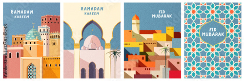 Eid mubarak. Ramadan kareem. Art background with oriental architecture, mosque, pattern, arches, houses, for decor, poster, cover, invitation, flyer, interior, social media, banner, congratulations.