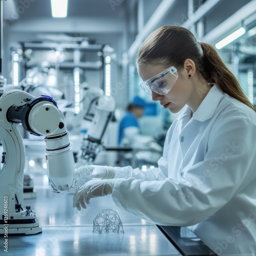 Woman engineer inspecting robot arm in factory photo