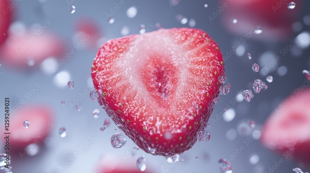 Fototapeta premium Sliced strawberry splashing water, studio shot, food advertising