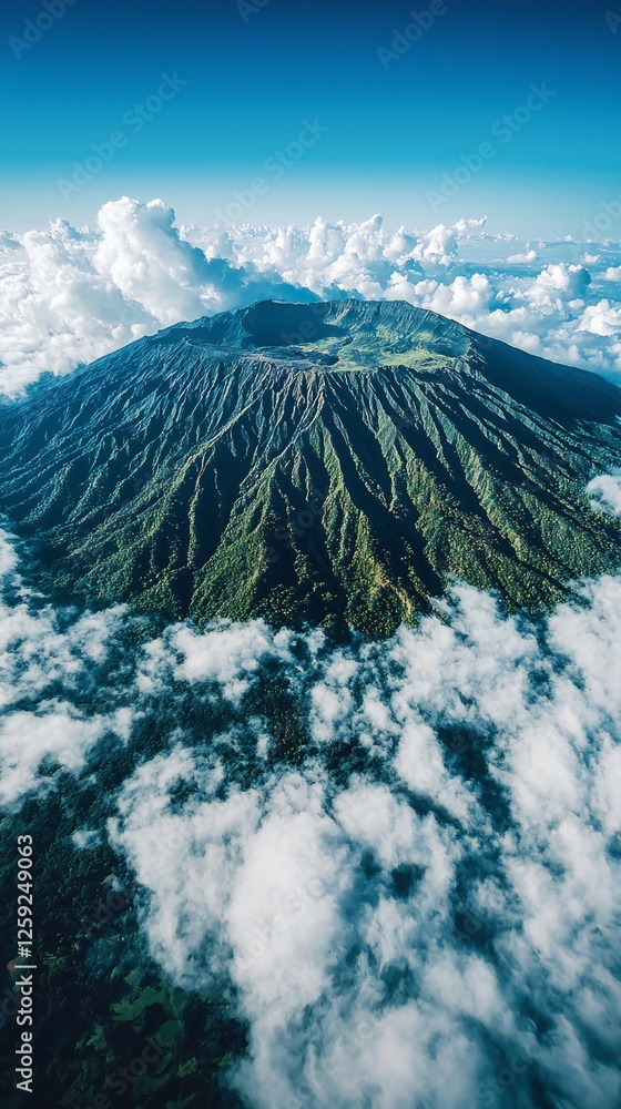 Obraz premium HD Phone Wallpaper Majestic Aerial View of Lush Green Volcano Peak Surrounded by Clouds
