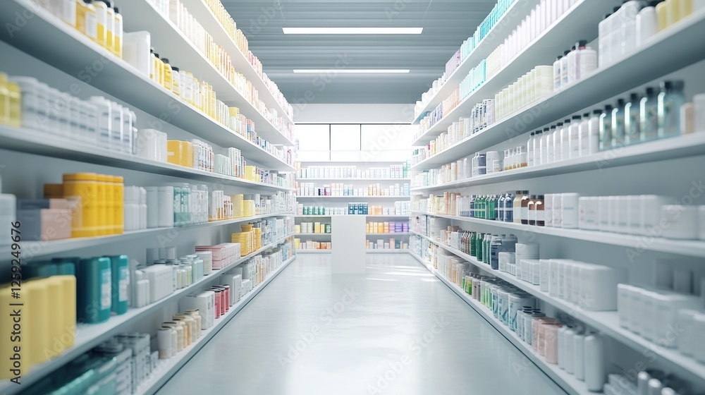 Fototapeta premium Modern store aisle, bright products, clean display, sunlight, retail