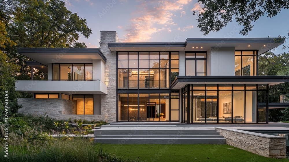 Fototapeta premium Modern Architectural Masterpiece, Luxury Home at Dusk