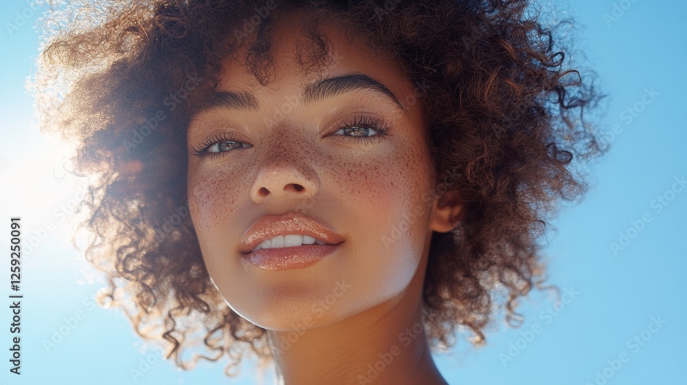 Natural beauty shines in bright sunlight with joyful expression and vibrant curls Natural beauty shines in bright sunlight with joyful expression and vibrant curls