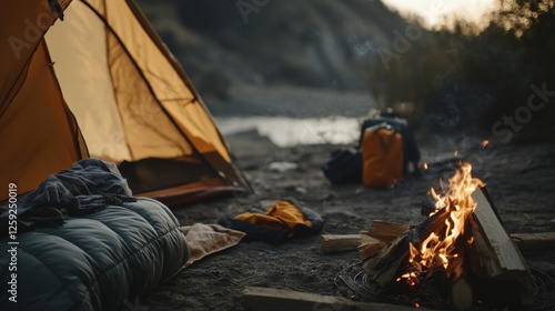 Wallpaper Mural Camping gear arranged around a campfire site. Featuring a tent, sleeping bags, and a campfire. Highlighting the adventure and connection with nature. Ideal for outdoor lifestyle themes. Torontodigital.ca