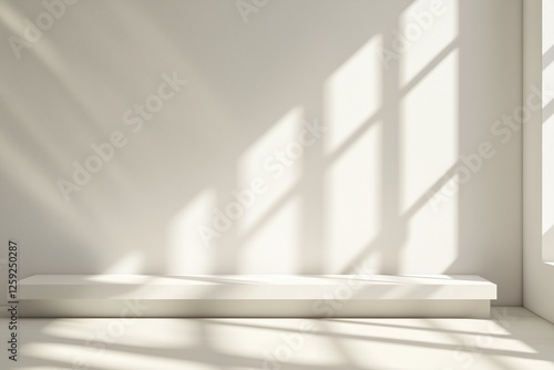 Espaço minimalista com luz natural projetando sombras dramáticas, apresentando um pódio simples e elementos decorativos sutis, criado com IA generativa