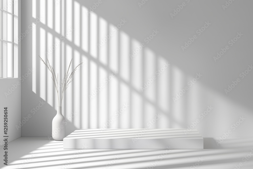 Fototapeta premium Espaço minimalista com luz natural projetando sombras dramáticas, apresentando um pódio simples e elementos decorativos sutis, criado com IA generativa