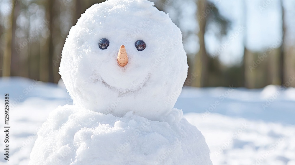 Obraz premium Snowman in winter forest, cheerful face, joyful creation, outdoors