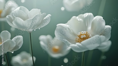 Dew-kissed white flowers, dark background, rain, nature, serenity, beauty, digital art, advertising