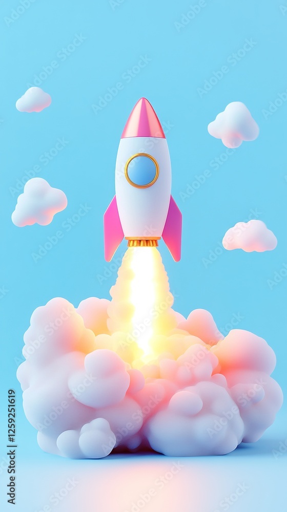 Pink Rocket Launching Startup Success Innovation Concept Pink Rocket Launching Startup Success Innovation Concept