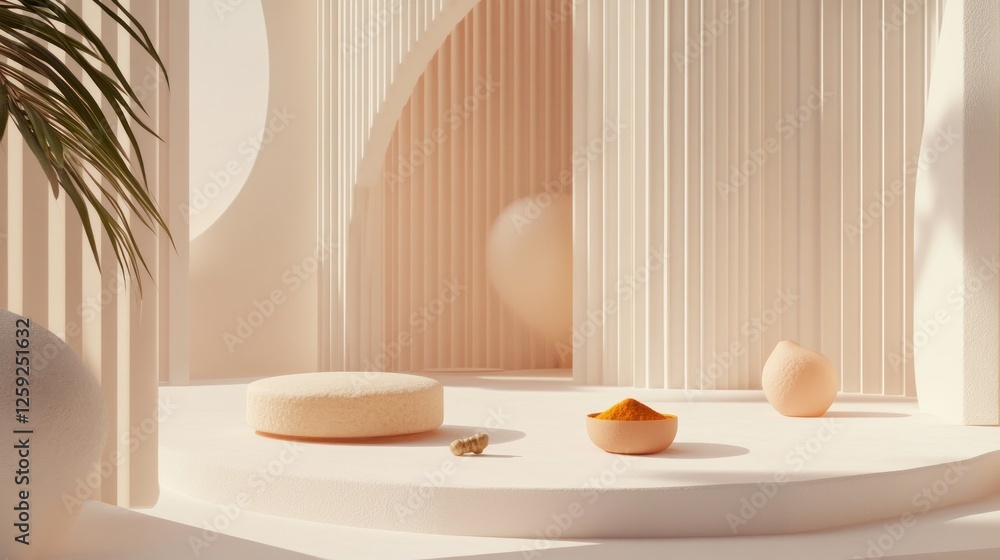 Turmeric powder display, minimalist studio, sunlight, product photography Turmeric powder display, minimalist studio, sunlight, product photography
