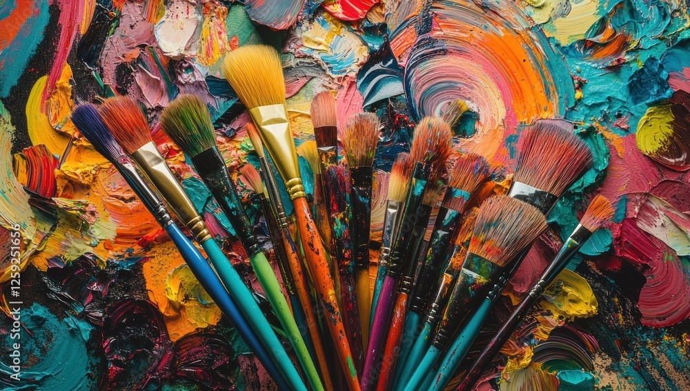 Fototapeta premium Vibrant Artist's Palette: A Symphony of Colors and Brushes