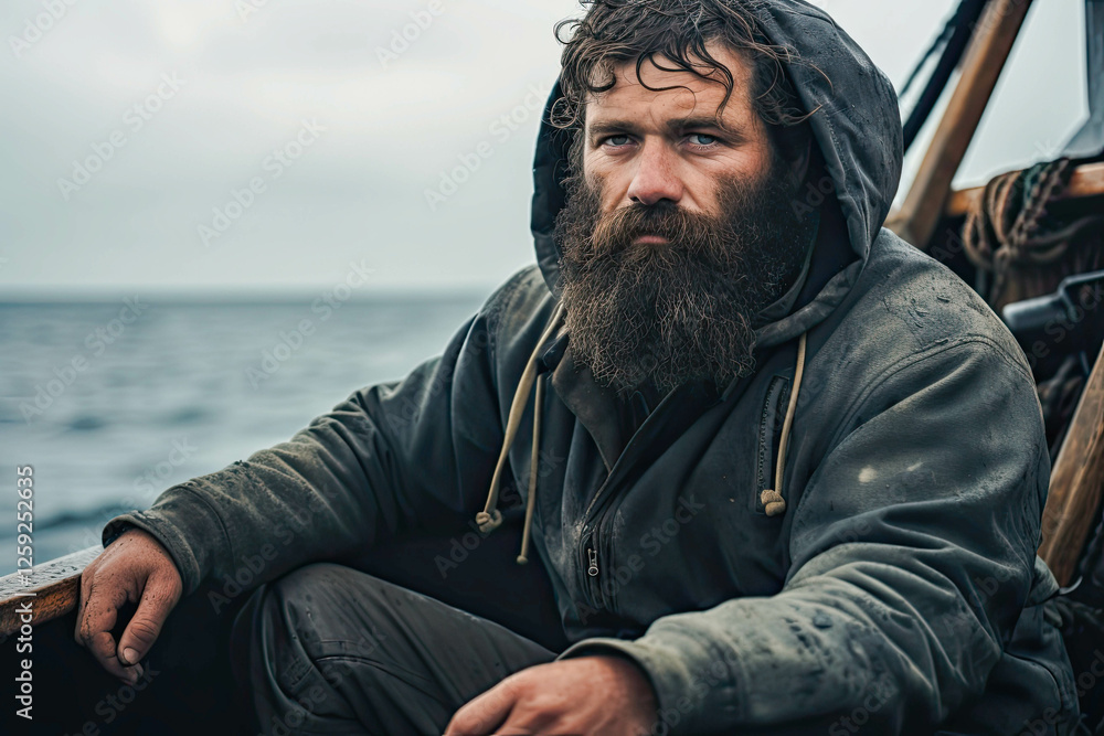 Obraz premium Rugged fisherman with a beard, deep in thought, aboard his wooden boat, with a backdrop of gloomy seas and overcast skies