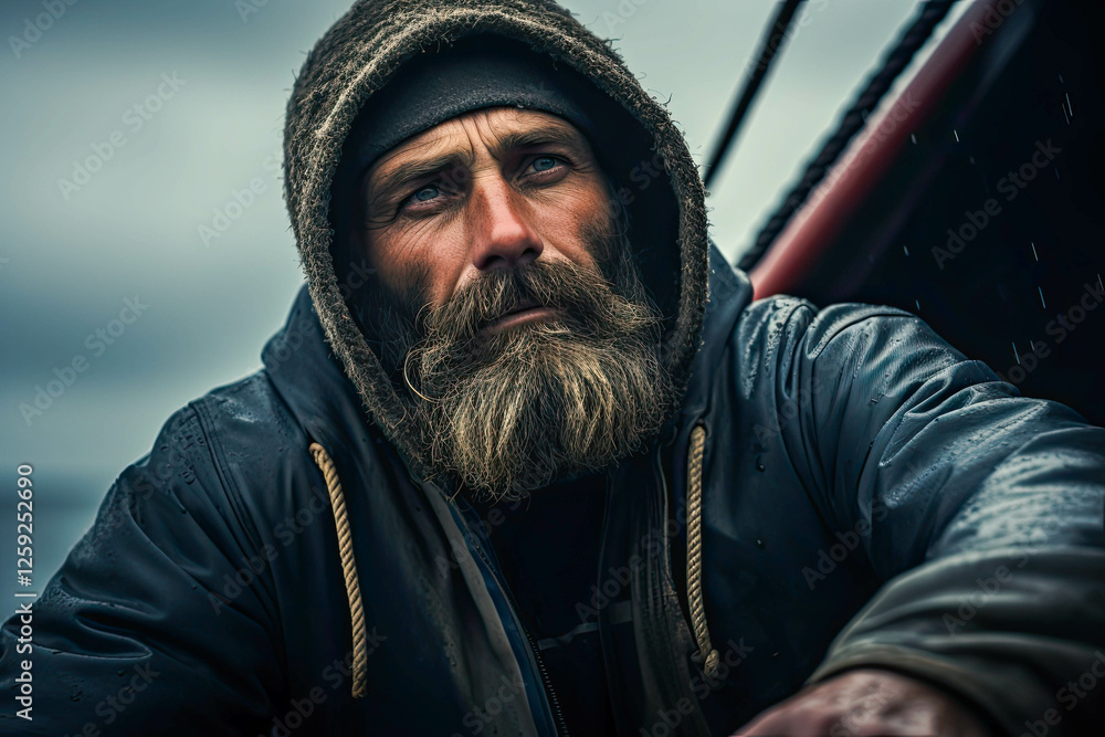 Rugged fisherman with a beard, deep in thought, aboard his wooden boat, with a backdrop of gloomy seas and overcast skies Rugged fisherman with a beard, deep in thought, aboard his wooden boat, with a backdrop of gloomy seas and overcast skies