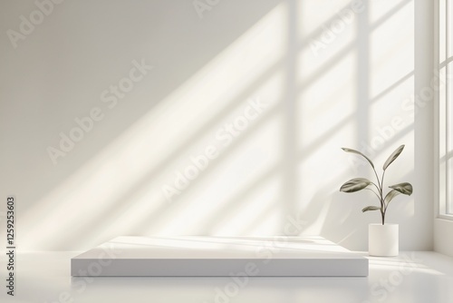 Espaço minimalista com luz natural projetando sombras dramáticas, apresentando um pódio simples e elementos decorativos sutis, criado com IA generativa