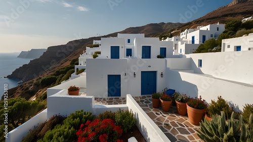 Situated on a cliffside with a view of the deep blue Aegean Sea, this gorgeous Greek home has blue windows and doors and is white-washed. The sky is clear with a few gentle clouds, and the path is bor photo