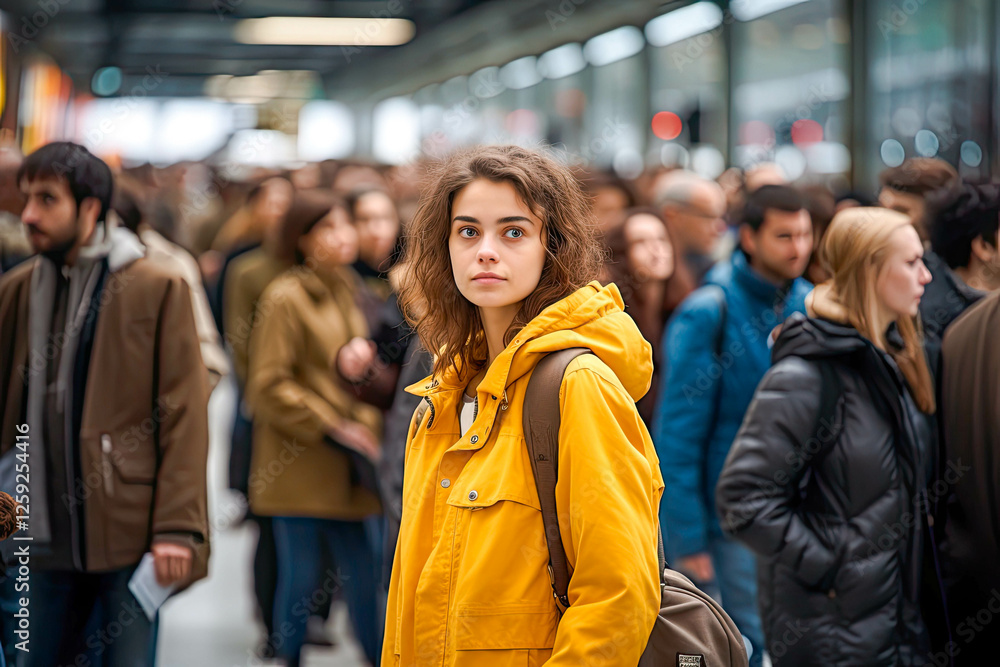 Young Woman in Yellow Jacket Amidst a Crowded Urban Scene Young Woman in Yellow Jacket Amidst a Crowded Urban Scene