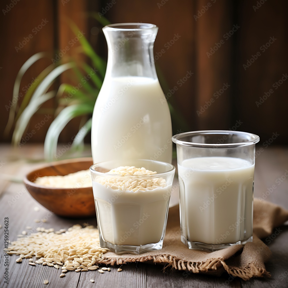 Milk in a glass with rice on a rustic wooden background Milk in a glass with rice on a rustic wooden background