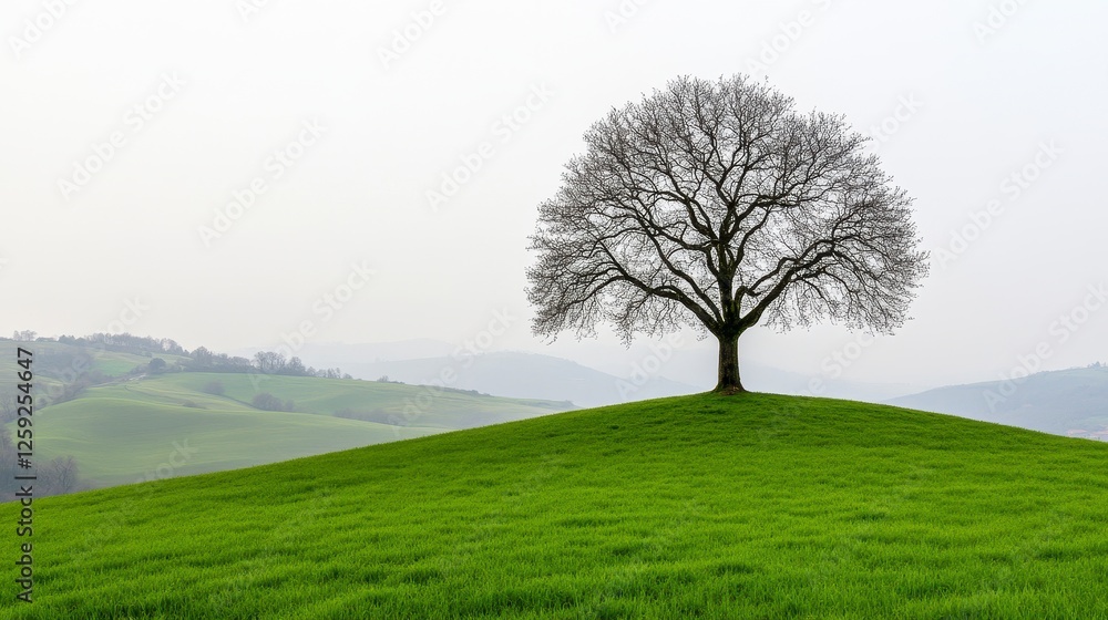 Obraz premium Solitary Tree on Green Hilltop Against Hazy Mountains