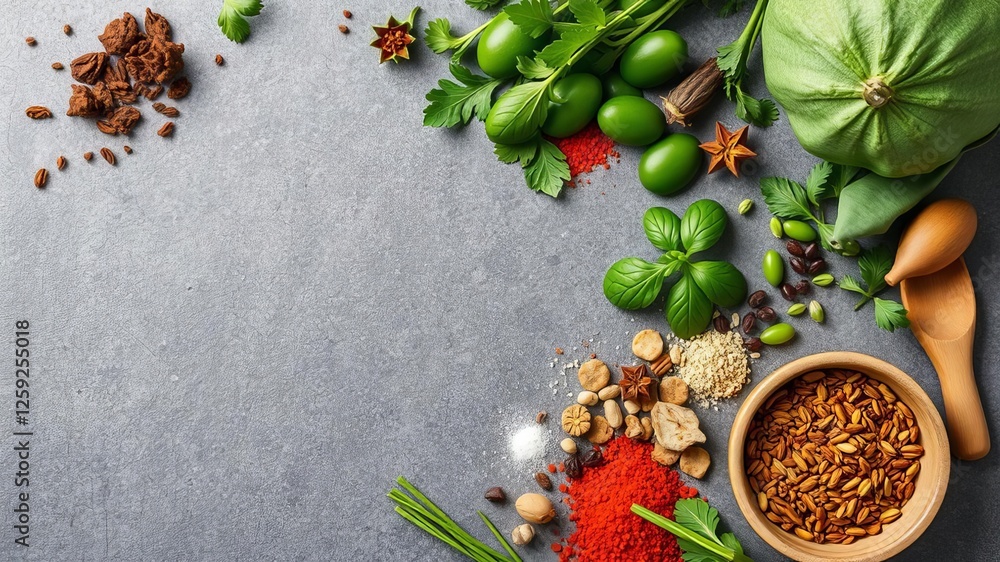 Fototapeta premium Various spices and herbs arranged in a frame on a stone table top, with empty space for text, top view, organic, stone table