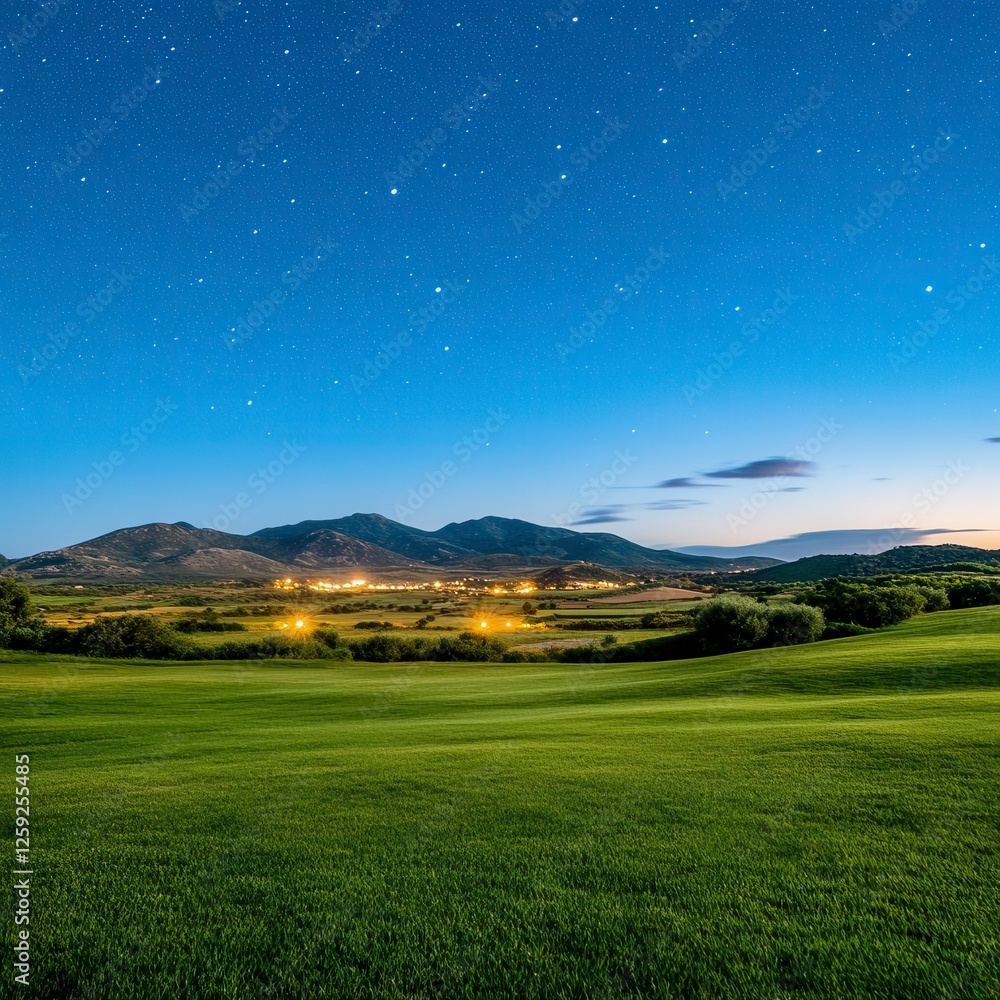 Fototapeta premium Starry Night Over Green Field and Distant Hills
