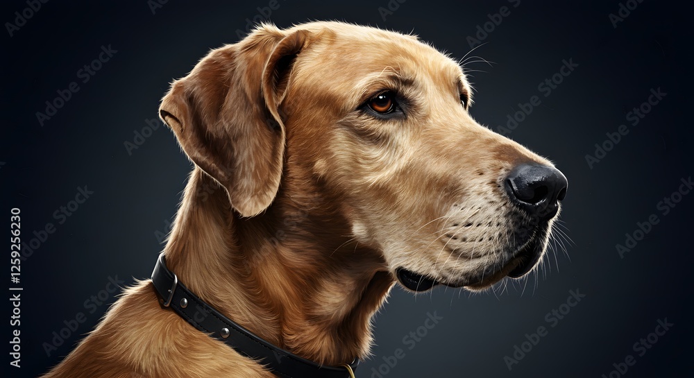 Golden Retriever Profile Portrait with Black Collar Against Dark Background Golden Retriever Profile Portrait with Black Collar Against Dark Background