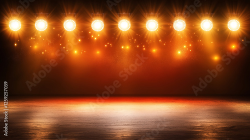 Dramatic theater stage illuminated by bright glowing spotlights photo