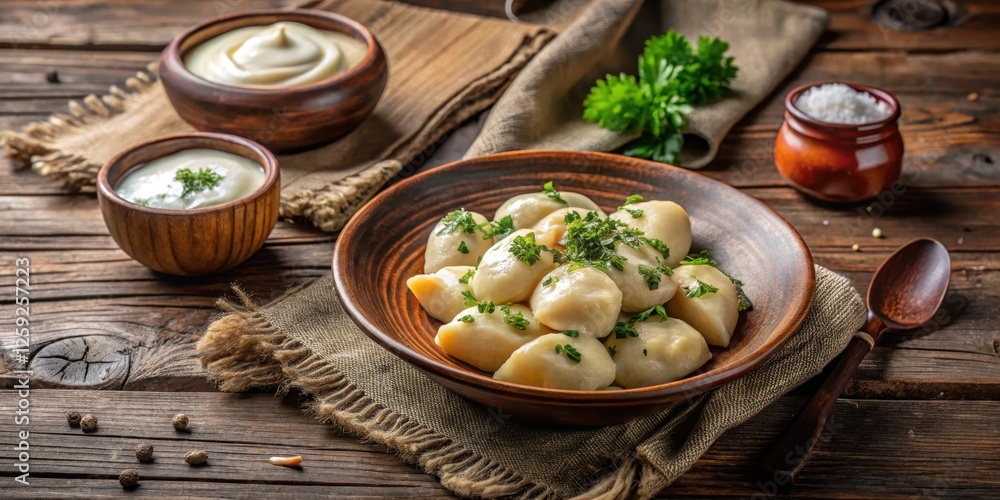 A Rustic Bowl of Steamed Dumplings Garnished with Fresh Herbs, Served with Creamy Dips on a Wooden Table A Rustic Bowl of Steamed Dumplings Garnished with Fresh Herbs, Served with Creamy Dips on a Wooden Table