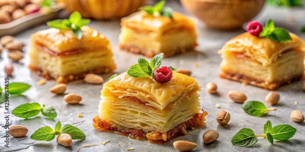 Golden-brown layered pastries garnished with fresh mint and raspberries, surrounded by scattered nuts on a textured surface Golden-brown layered pastries garnished with fresh mint and raspberries, surrounded by scattered nuts on a textured surface