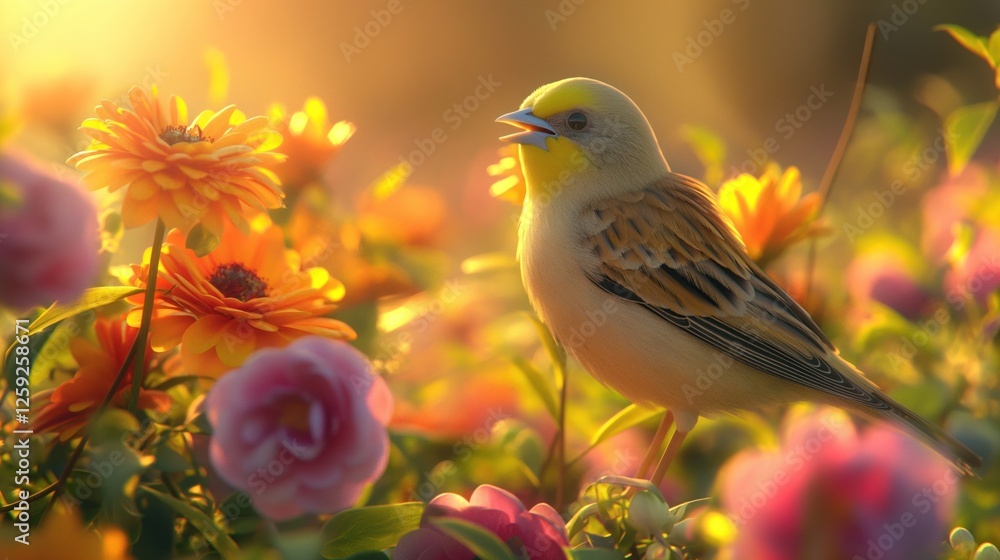 a bird singing in a field of flowers a bird singing in a field of flowers