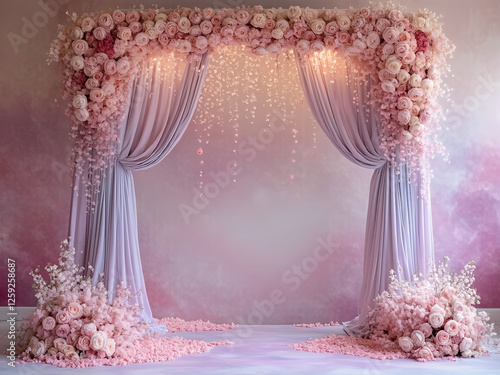 Maternity backdrop, wedding backdrop, photography background with a spin curtain with beautiful flowers on vintage wall, 300dpi, 3d
