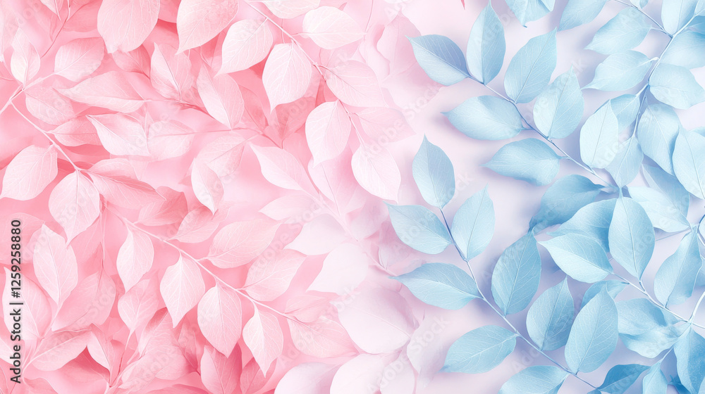 Obraz premium Artistic pastel toned illustration of pink and blue leaves creating serene and calming atmosphere. soft colors blend beautifully, evoking sense of tranquility and harmony