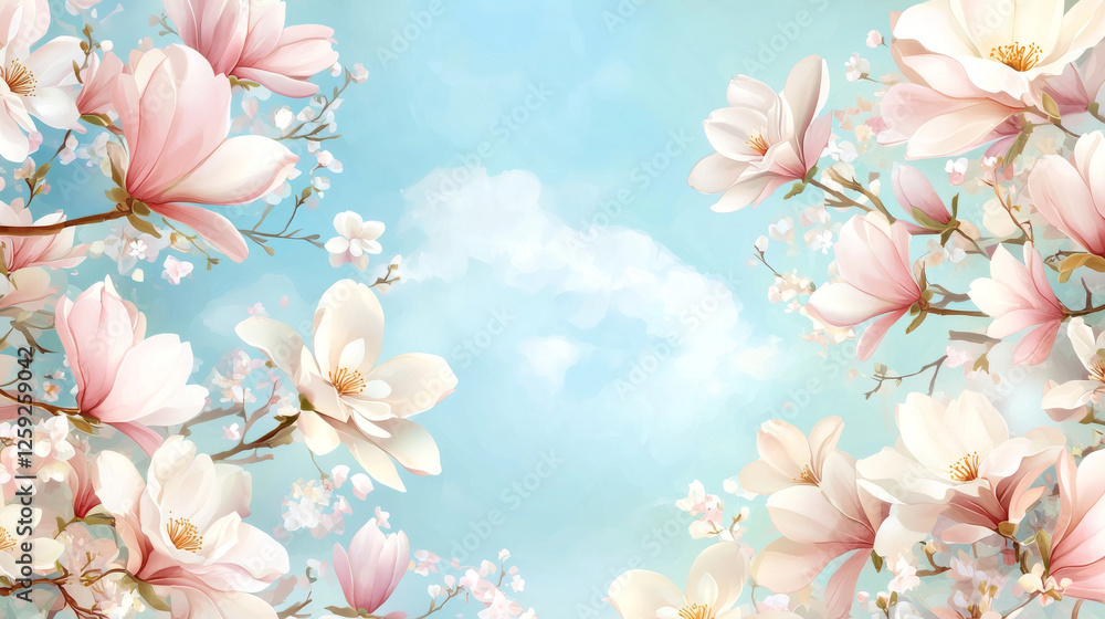 Dreamy pastel toned illustration of magnolia blossoms against soft blue sky, creating serene and tranquil atmosphere. Perfect for nature lovers and floral enthusiasts Dreamy pastel toned illustration of magnolia blossoms against soft blue sky, creating serene and tranquil atmosphere. Perfect for nature lovers and floral enthusiasts
