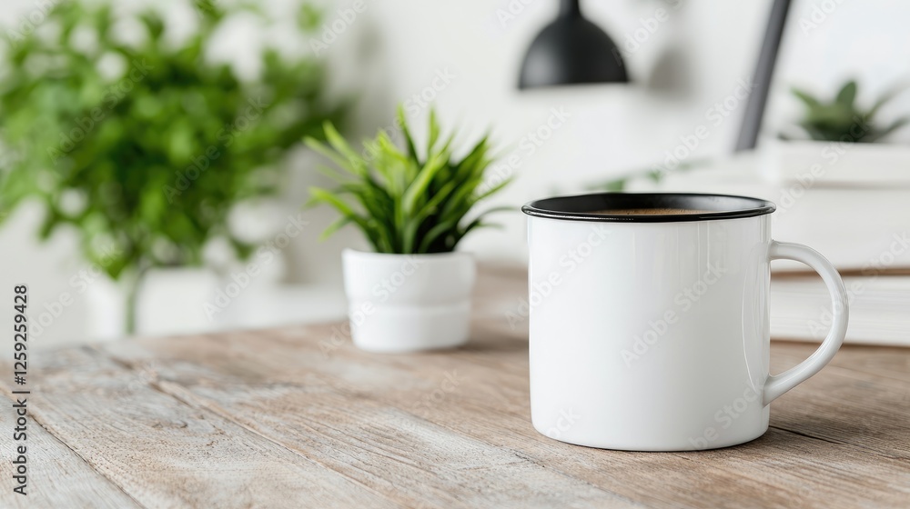 White mug coffee desk plants home office workspace White mug coffee desk plants home office workspace