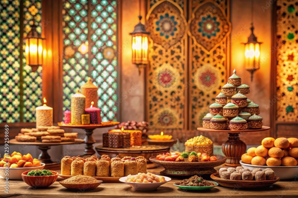 A Festive Table Abundantly Displaying an Array of Sweet Treats and Aromatic Candles, Decorated with Intricate Ornamental Screens and Warm Lighting A Festive Table Abundantly Displaying an Array of Sweet Treats and Aromatic Candles, Decorated with Intricate Ornamental Screens and Warm Lighting