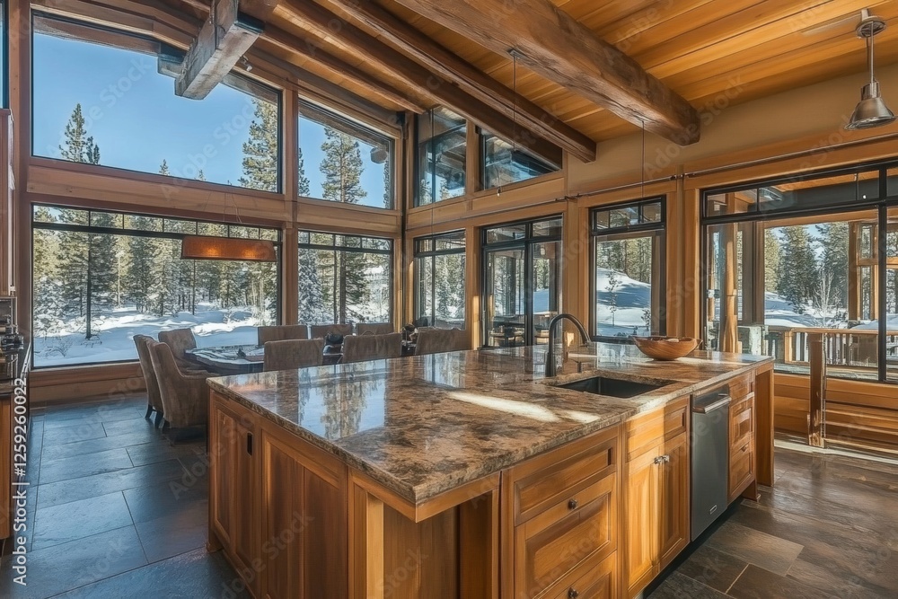Modern kitchen with large windows showcasing snowy forest view in a mountain cabin Modern kitchen with large windows showcasing snowy forest view in a mountain cabin
